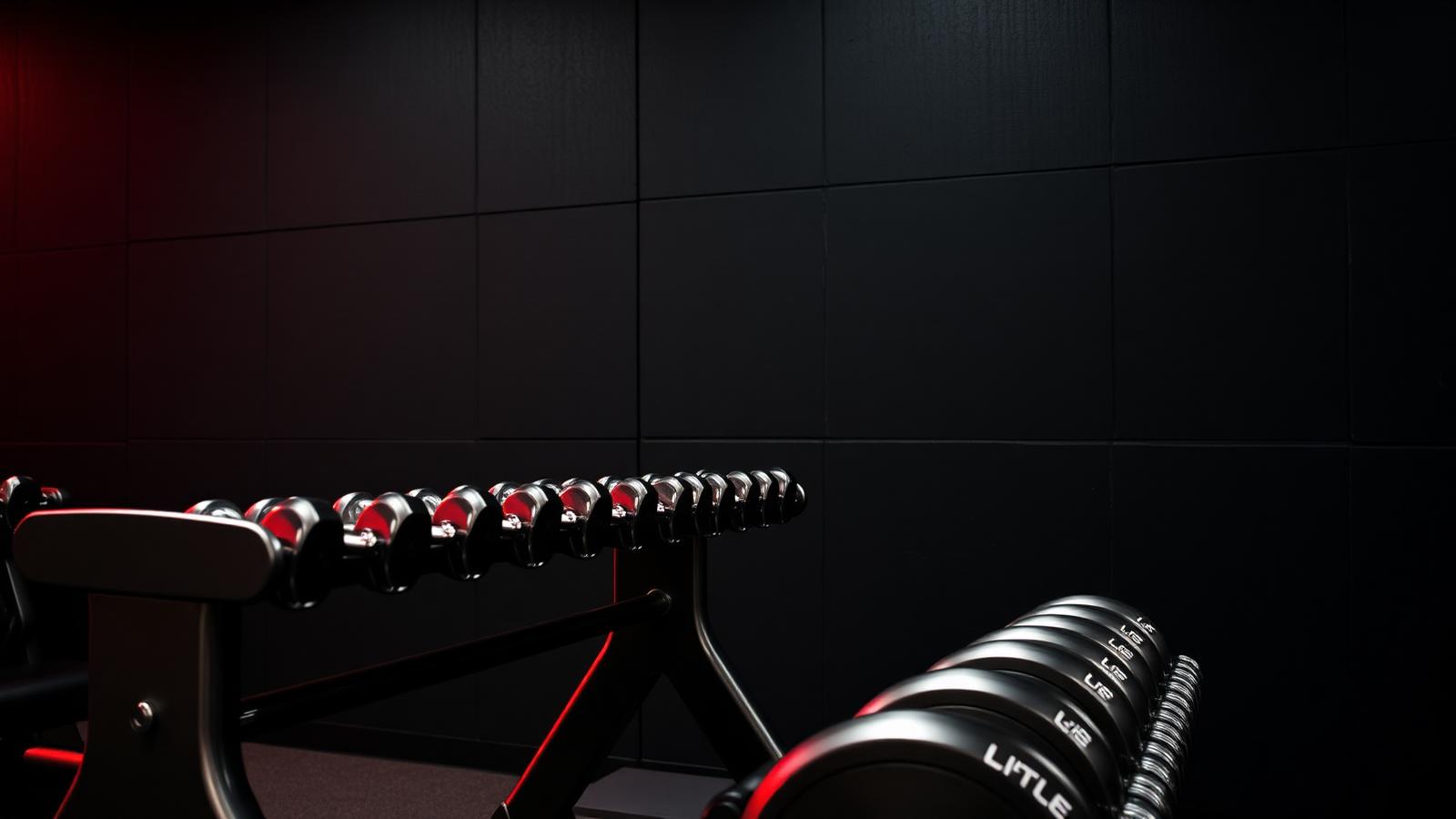 Chrome dumbbells on a rack in a dark premium gym